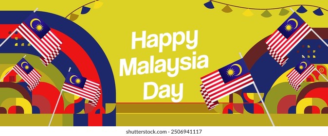 Malaysia Day Banner with modern geometric ornaments. Wide background design suitable for greetings celebrating Malaysia National Day and Independence Day.