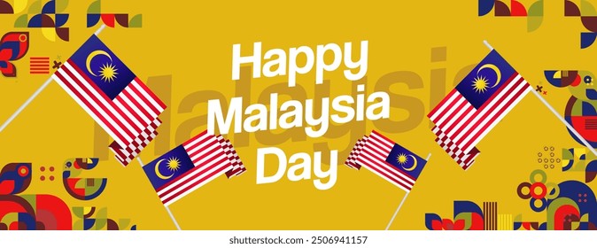 Malaysia Day Banner with modern geometric ornaments. Wide background design suitable for greetings celebrating Malaysia National Day and Independence Day.