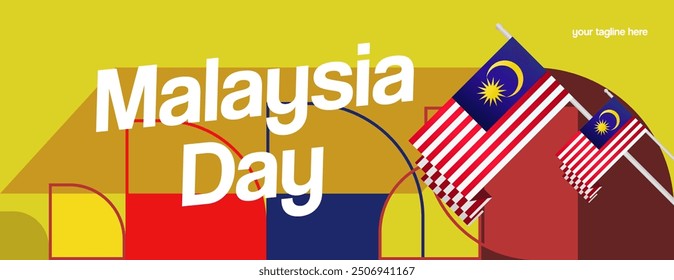Malaysia Day Banner with modern geometric ornaments. Wide background design suitable for greetings celebrating Malaysia National Day and Independence Day.