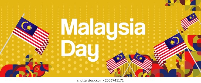 Malaysia Day Banner with modern geometric ornaments. Wide background design suitable for greetings celebrating Malaysia National Day and Independence Day.