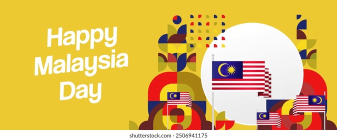 Malaysia Day Banner with modern geometric ornaments. Wide background design suitable for greetings celebrating Malaysia National Day and Independence Day.