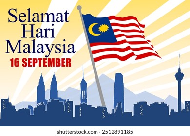 Malaysia Day celebration illustration featuring the Malaysian flag, KLCC twin towers, KL tower, exchange 106 tower and merdeka tower 118. Suitable for greeting cards, backgrounds, banner and prints.