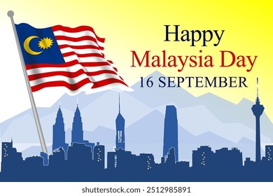 Malaysia Day celebration illustration featuring the Malaysian flag, KLCC twin towers, KL tower, exchange 106 tower and merdeka tower 118. Suitable for greeting cards, backgrounds, banner and prints.