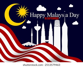 Malaysia Day celebration illustration featuring the KLCC twin towers, KL tower, exchange 106 tower, national mosque and merdeka tower 118, against the backdrop of the Malaysian flag.