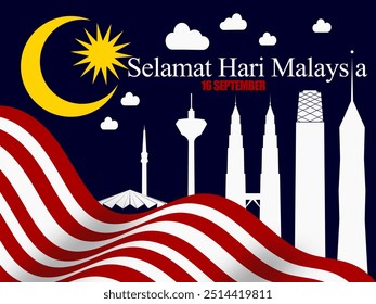 Malaysia Day celebration illustration featuring the KLCC twin towers, KL tower, exchange 106 tower, national mosque and merdeka tower 118, against the backdrop of the Malaysian flag.