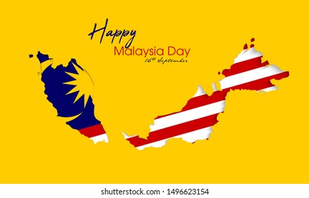 Malaysia day celebration on 16th September every year in Malaysia. Malaysian map with malaysian flag in yellow background