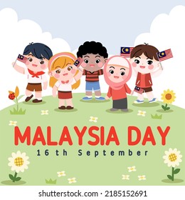 Malaysia Day cute vector illustration. Cute cartoon of Malay, Indian, Chinese, Punjabi, Kadazan Iban. Flat design. 16 September