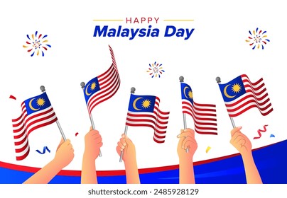 Malaysia Day or Hari Merdeka celebration vector illustration. Hand waving flag in national holiday with confetti and fireworks background design.