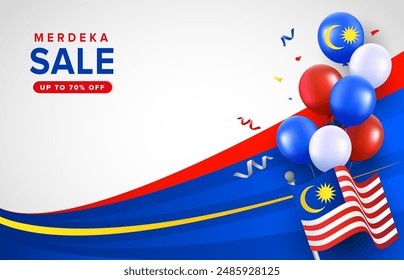 Malaysia Day oder Hari Merdeka Promotion Feier gewellt Hintergrund Design. Malaysia National Day Vektorillustration Kurve Tricolor Vorlage mit Ballons, Bänder für Karten, Banner, Poster, Social M