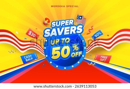 Malaysia Day or Hari Merdeka retro lightbulb style sale promotion design. Vector illustration template with voucher, mega phone, celebration confetti and flags.