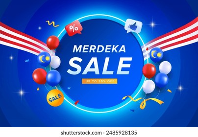 Malaysia Day or Hari Merdeka sale celebration neon style background design. Malaysia National day vector illustration template with balloons, ribbons and flag stripes for cards, banner, poster.