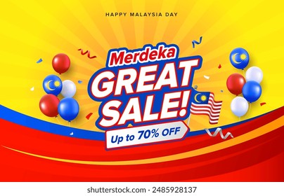 Malaysia Day or Hari Merdeka sale promotion with bright yellow curve background design. Malaysia National day vector illustration template with balloons, ribbons for cards, banner, poster, social medi