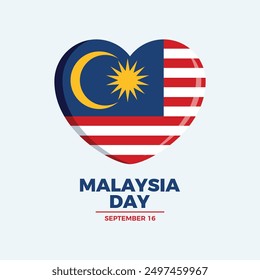 Ilustración vectorial de afiches del Día de Malasia. Bandera de Malasia en icono de forma de corazón. Símbolo de amor de la bandera de Malasia. Plantilla para el fondo, Anuncio, tarjeta. 16 de septiembre de cada año. Día importante