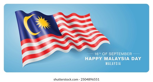 Malaysia day vector banner, greeting card. Malaysian wavy flag in 16th of September patriotic holiday horizontal design with realistic flag