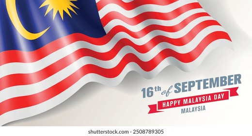 Malaysia day vector banner, greeting card. Malaysian wavy flag in 16th of September national patriotic holiday horizontal design