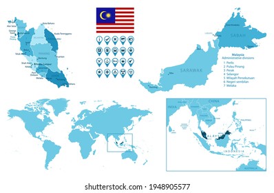 Malaysia detailed administrative blue map with country flag and location on the world map.