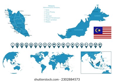 Malaysia - detailed blue country map with cities, regions, location on world map and globe. Infographic icons. Vector illustration