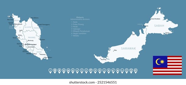 Malásia - detalhado mapa azul do país com cidades e regiões. Ícones infográficos. Ilustração vetorial