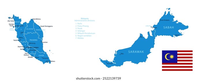 Malásia - detalhado mapa azul do país com cidades e regiões. Ilustração vetorial.