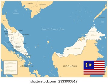 Malaysia - detailed map with administrative divisions and country flag. Vector illustration