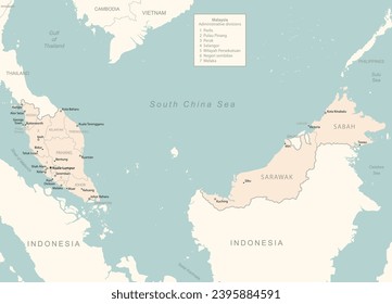 Malaysia - detailed map with administrative divisions country. Vector illustration