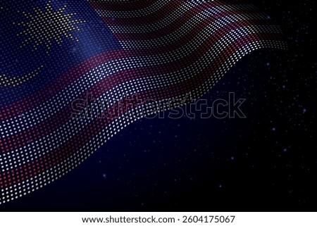 Malaysia digital flag made of dots, waving over a starry dark background