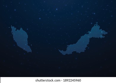 Malaysia dotted map in futuristic style, glowing outline made of stars lines dots. Communication, internet technologies concept on dark blue space background. Vector illustration.