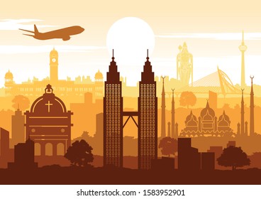 Malaysia famous landmark silhouette style with row design on sunset time,vector illustration