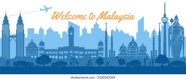 Malaysia famous landmark silhouette style,text within,vector illustration