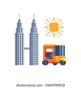Malaysia famous landmark. Travel Asia Kuala Lumpur. Pixel art icons set. Isolated vector illustration. 8-bit sprite. Design stickers, logo, mobile app.