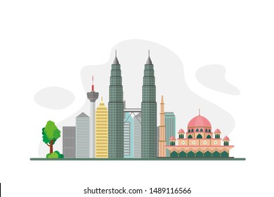 Famosos monumentos de Malasia Ilustración de vectores de concepto plano de viaje, apto para antecedentes, banner, papel tapiz, ilustración publicitaria