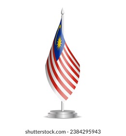Malaysia flag - 3D mini flag hanging on desktop flagpole. Usable for summit or conference presentaiton. Vector illustration with shading.