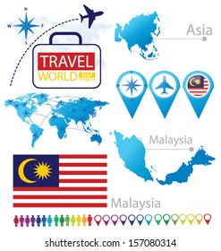 Malaysia. Flag. Asia. World Map. Travel Vector Illustration.