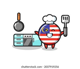 malaysia flag badge character illustration as a chef is cooking , cute style design for t shirt, sticker, logo element