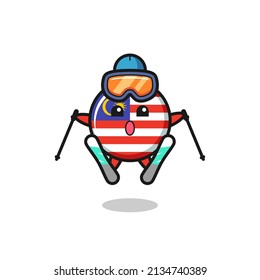 malaysia flag badge mascot character as a ski player , cute style design for t shirt, sticker, logo element
