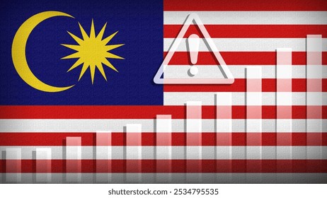 Malaysia flag with burlap texture, warning sign, and rising bar chart symbolizing increasing risk or growth challenges in the country. Ideal for data presentations.