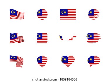 Malaysia flag - flat collection. Flags of different shaped twelve flat icons. Vector illustration set