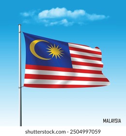 Malaysia flag flying on blue sky, vector illustration.