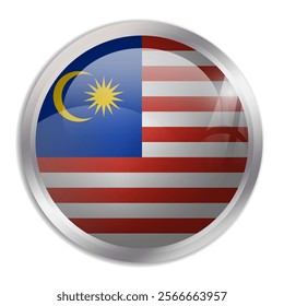 Malaysia flag - glossy circle button displays a colorful flag representing a country cultural identity and heritage. The essence of national pride and unity.