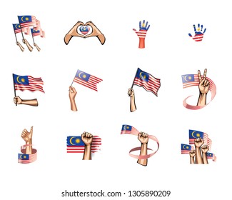 Malaysia flag and hand on white background. Vector illustration