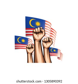Malaysia flag and hand on white background. Vector illustration