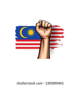 Malaysia flag and hand on white background. Vector illustration