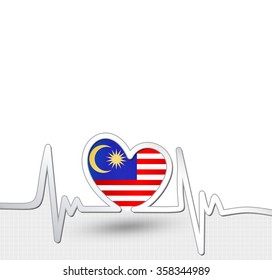 Malaysia flag heart and heartbeat line.Patriotic vector background.