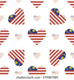 Malaysia flag heart seamless pattern. Patriotic Malaysia flag background. Country flag in the shape of heart. Vector seamless pattern.
