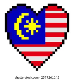 Malaysia flag with heart shape in pixel art style