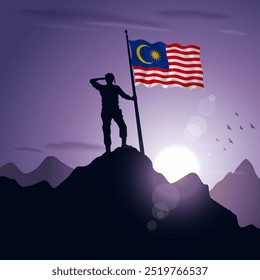 Malaysia Flag hoisted on a mountain peak with a purplish sunset in the background, vector illustration