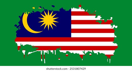 Malaysia Flag Icon with Brush, Splatter, and Grunge Style, Editable Vector EPS for Logo, Badge, Emblem, or Illustration, Isolated on Green for Easy Editing