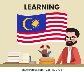 Malaysia flag with a male teacher, learning or teaching Malaysia language, bearded man with glasses and country flag vector design, language school concept