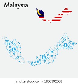 Malaysia flag, map and flat polygonal mesh. Network concept. EPS.file.