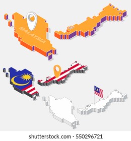 Malaysia flag on map element with 3D isometric shape isolated on background, vector illustration